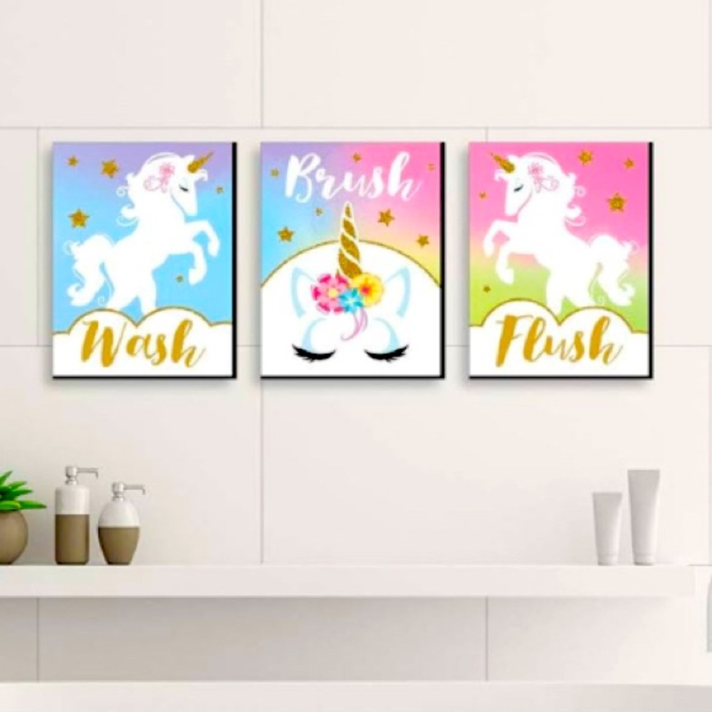 Rainbow Unicorn Bathroom Wall Art. 7.5 x 10 inches,Set of 3 - Wash, Brush, Flush
